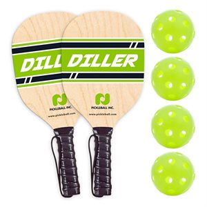 Pickleball Inc® Set of 2 «Diller» Wooden Paddles with 4 Balls for Pickleball