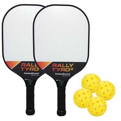 PickleballCentral® Set of 2 «Rally Tyro 2» Fiberglass Paddles with 4 Yellow Balls for Pickleball